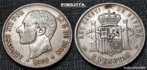 Moedas de Espanha: Moneda de 5 pesetas PLATA. Alfonso XII año 1885 MSM*1885. Peso actual 24,66 gr. FECHA ESCASA.